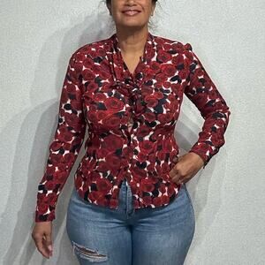 Love Moschino Red Floral Neck Tie Bow Blouse Sz 8